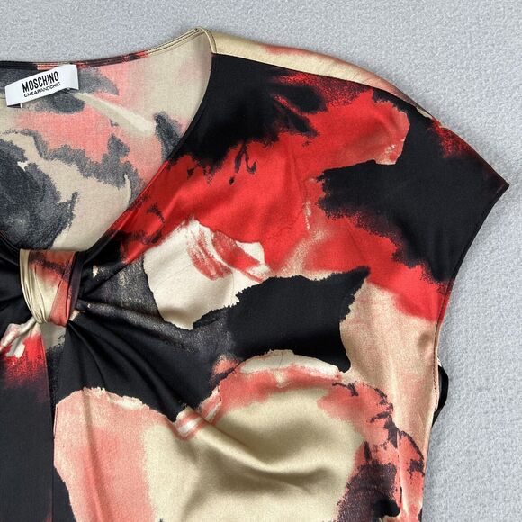Moschino Cheap And Chic Silk Abstract Floral Red Key Hole Cap Sleeve Blouse‎ 8 - Picture 3 of 16